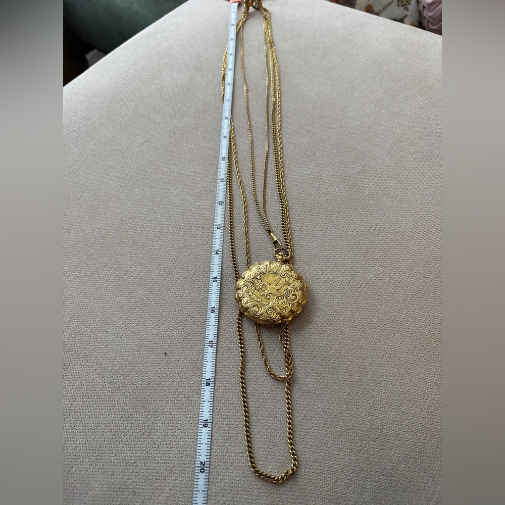 VTG 70s Goldette Statement Pendant Layered Necklace Pocket Watch Style Locket - Picture 9 of 9